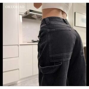 OKUOHAO NWT Black Relaxed Fit Wide Leg Jeans Contrast Stitching Small NEW
